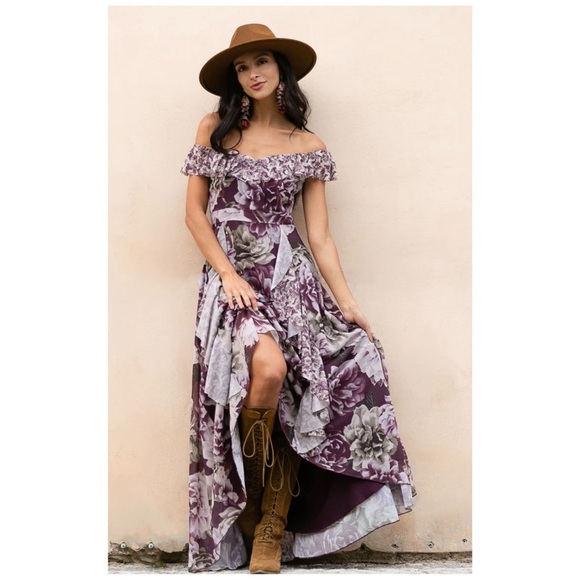 Joyfolie Coquette Romantic Cottagecore Boho Rachel Maxi Dress Plum Floral | XS - Picture 1 of 8